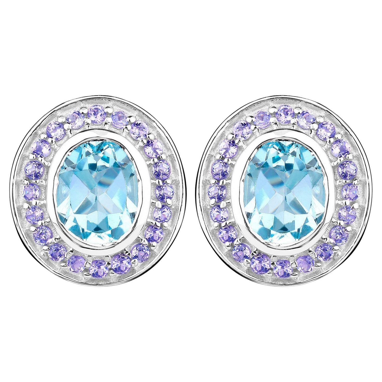 Blue Topaz Stud Earrings Tanzanite 6.2 Carats 18K Gold Plated Silver
