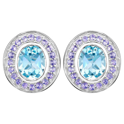 Blue Topaz Stud Earrings Tanzanite 6.2 Carats 18K Gold Plated Silver