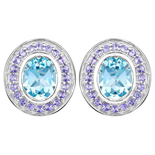 Blue Topaz Stud Earrings Tanzanite 6.2 Carats 18K Gold Plated Silver