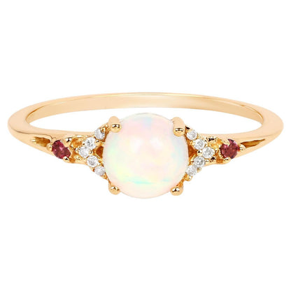 Ethiopian Opal Ring Pink Tourmalines Diamonds 0.56 Carats 14K Yellow Gold
