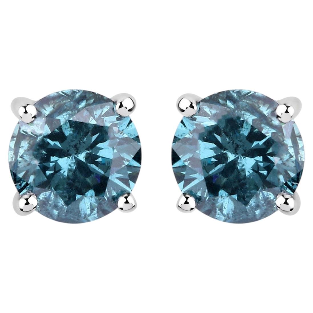 Blue Diamond Stud Earrings 0.8 Carats 14K White Gold