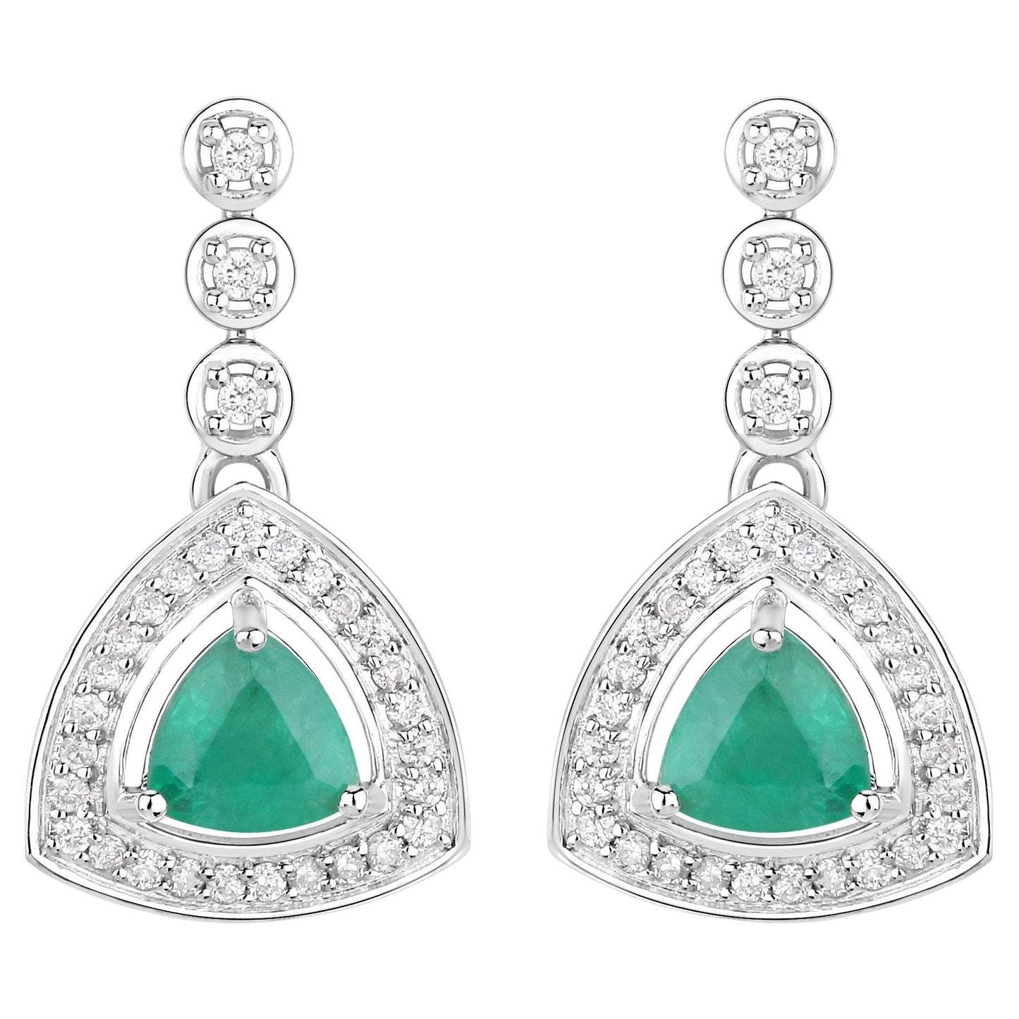 Natural Zambian Emerald and Diamond Halo Dangle Earrings 14K White Gold