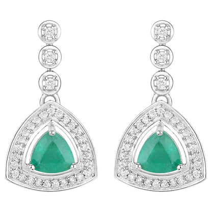 Natural Zambian Emerald and Diamond Halo Dangle Earrings 14K White Gold