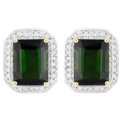 Green Tourmaline Stud Earrings Diamond Halo 3.65 Carats 14K Yellow Gold