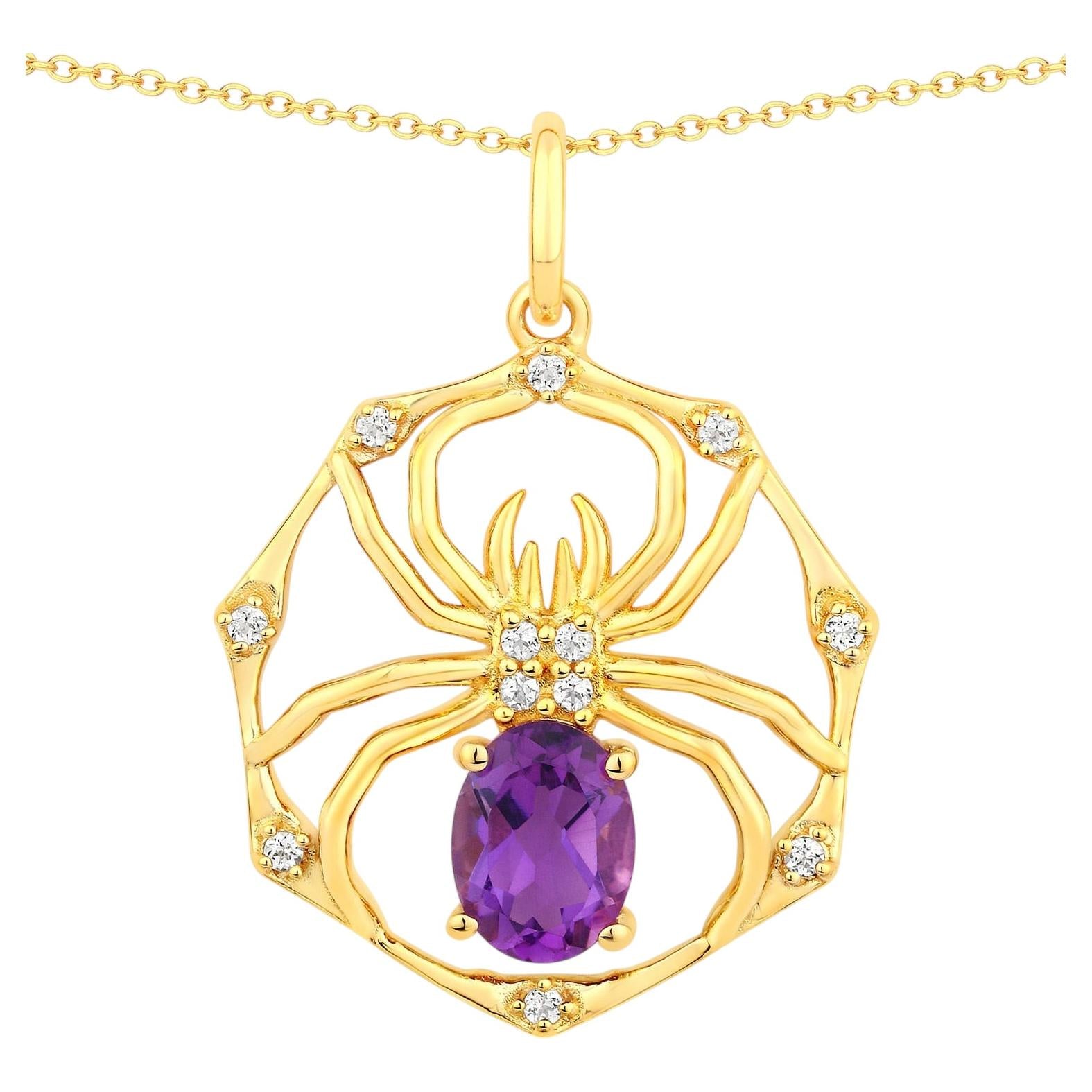Amethyst Spider Pendant With White Topaz 1.2 Carats Gold Plated Silver