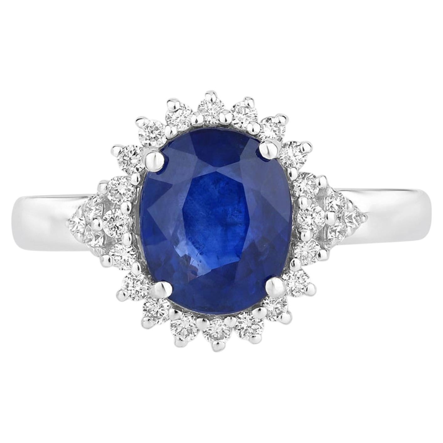Blue Sapphire Ring With Diamonds 2.76 Carats 18K White Gold