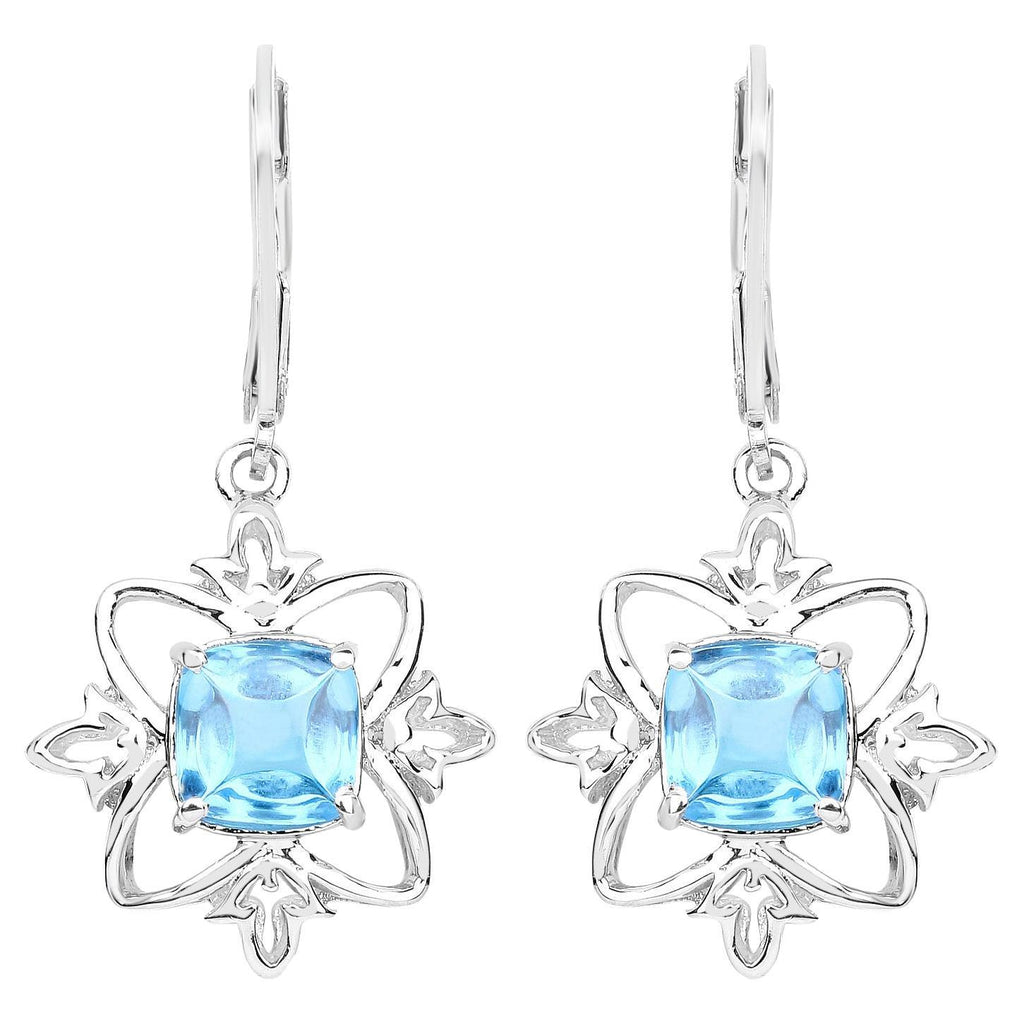 Swiss Blue Topaz Dangle Earrings 5.3 Carats Rhodium Plated Silver