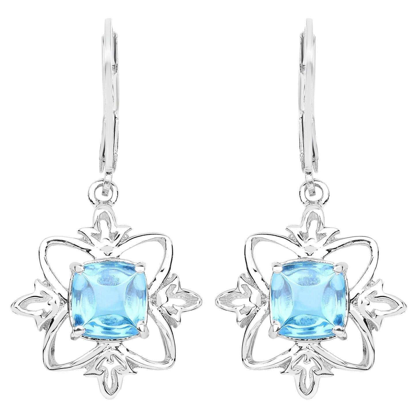 Swiss Blue Topaz Dangle Earrings 5.3 Carats Rhodium Plated Silver