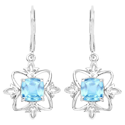 Swiss Blue Topaz Dangle Earrings 5.3 Carats Rhodium Plated Silver