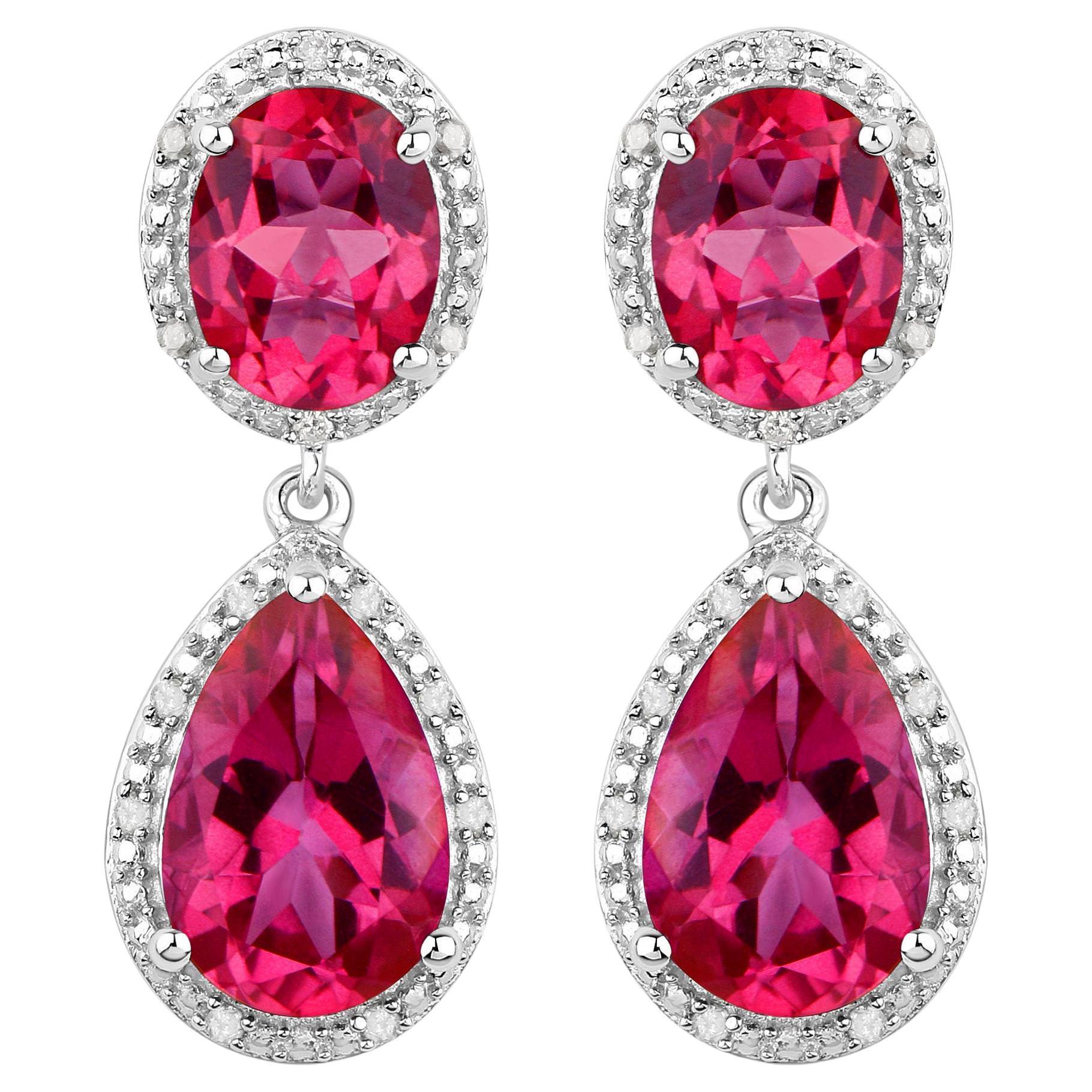 Hot Pink Topaz Earrings Diamond Setting 11.35 Carats Total