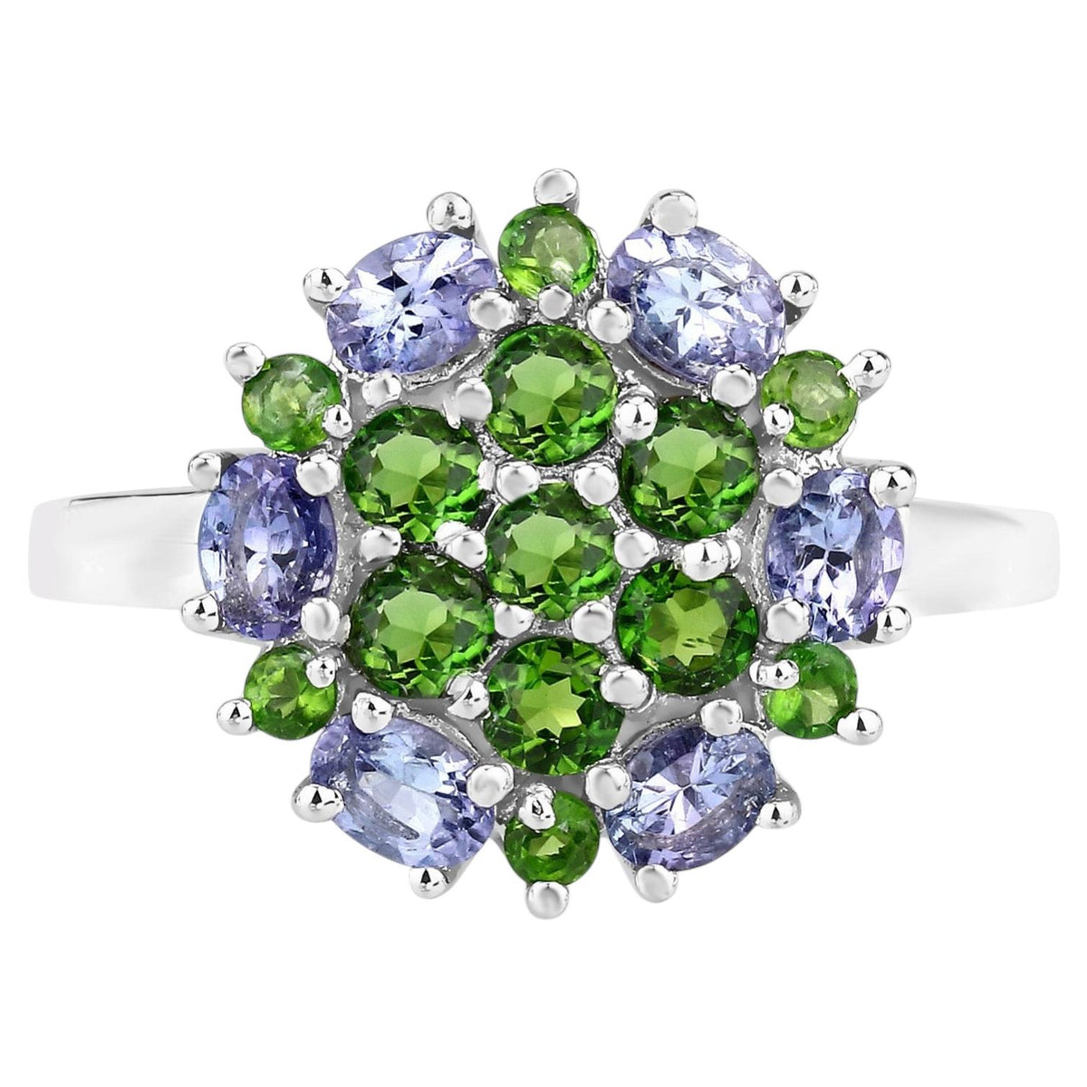 Chrome Diopside Flower Ring With Tanzanite 1.98 Carats Sterling Silver