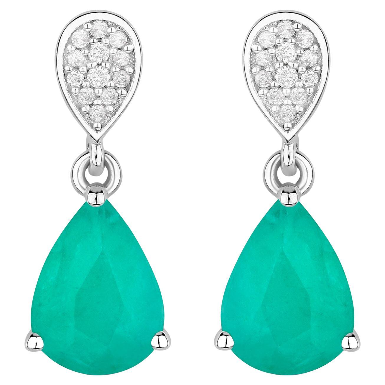 Zambian Emerald Dangle Earrings Diamonds 2.26 Carats 10K White Gold
