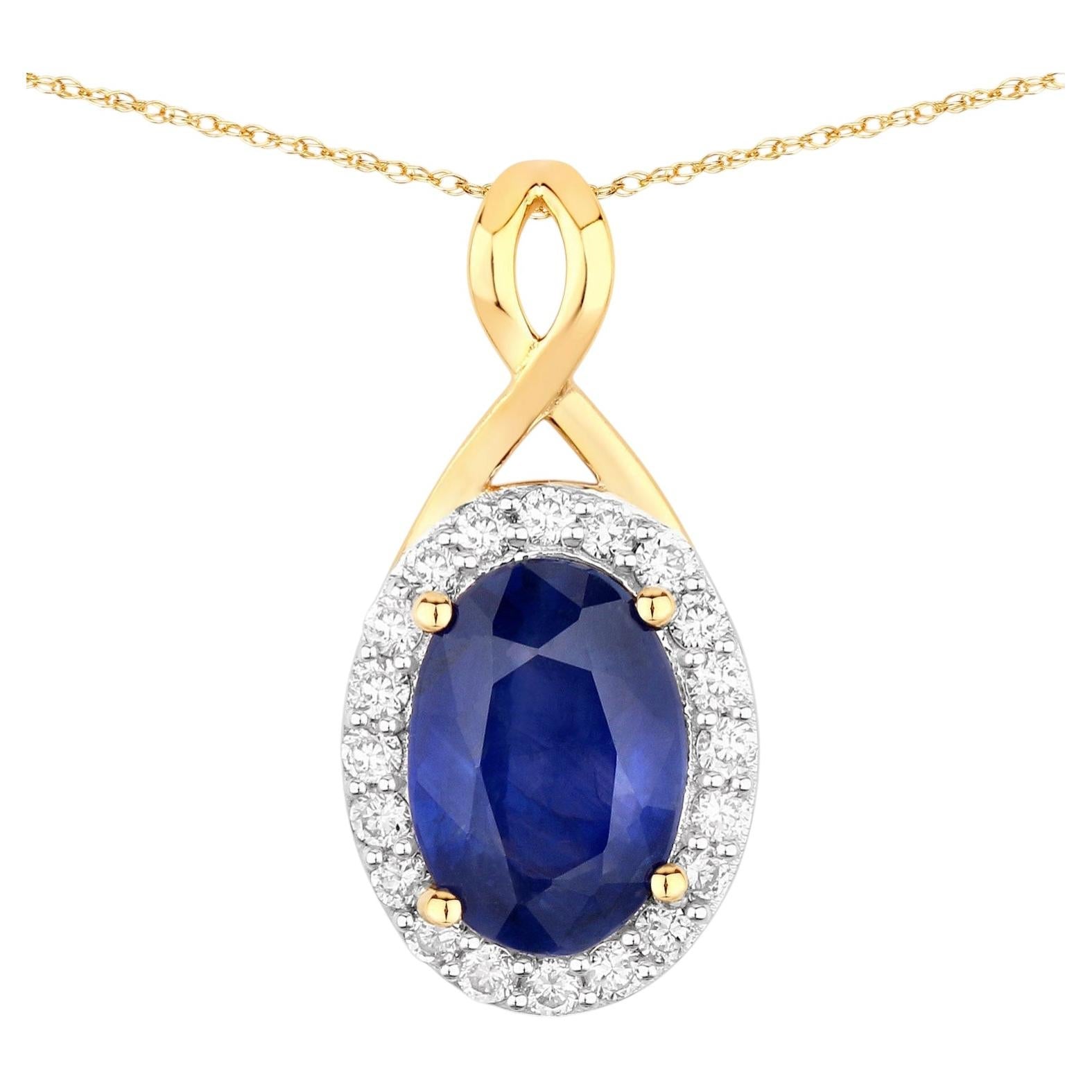 Blue Sapphire Pendant With Diamonds 1.84 Carats 18K Yellow Gold