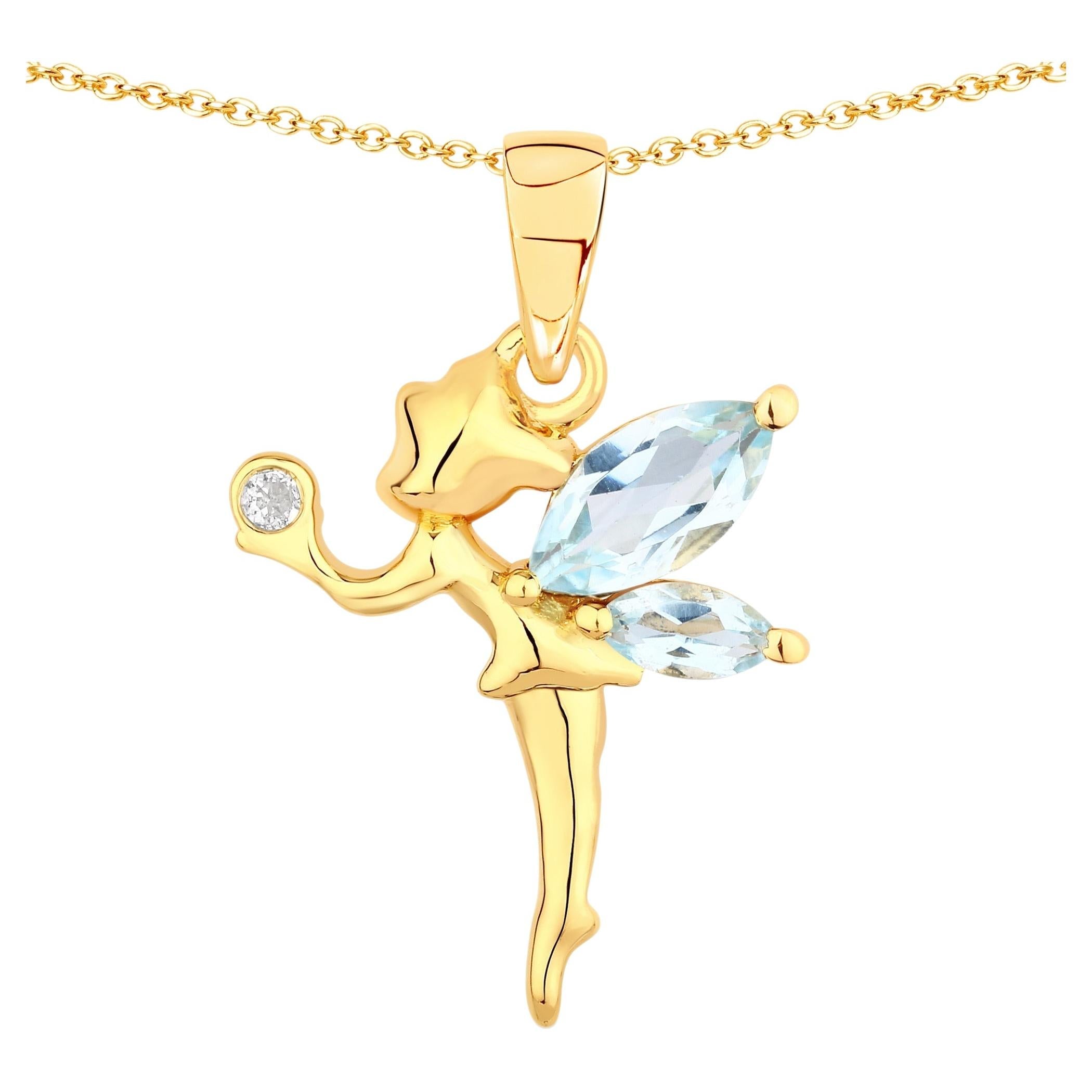 Blue Topaz Fairy Pendant With White Topaz 0.76 Carats Gold Plated Silver