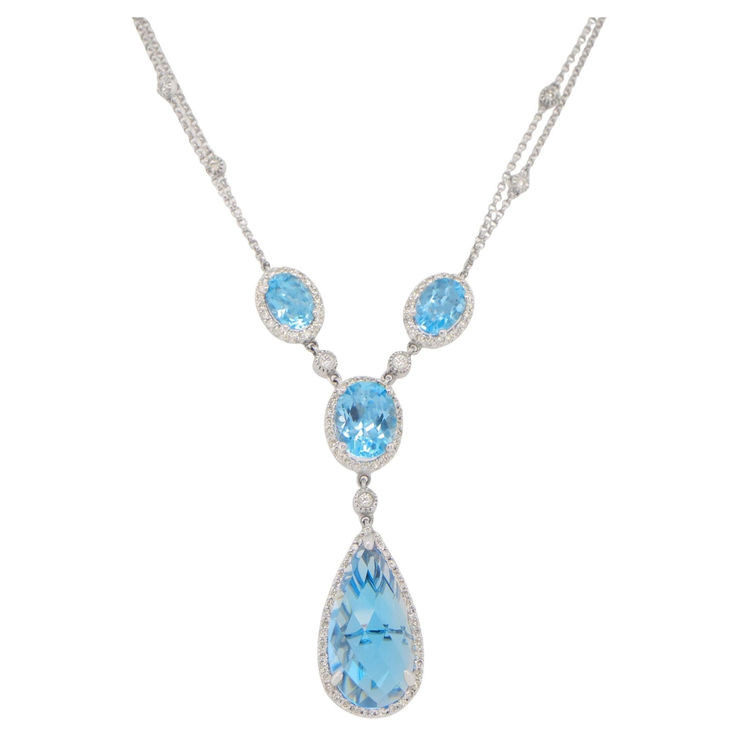 Elongated Pear Shaped Blue Topaz Necklace With Diamonds 11.8 Carats