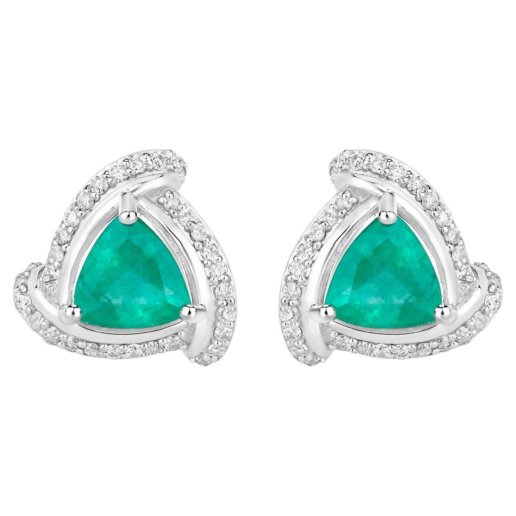Natural Emerald Earrings With Diamonds 1.2 Carats 14K White Gold