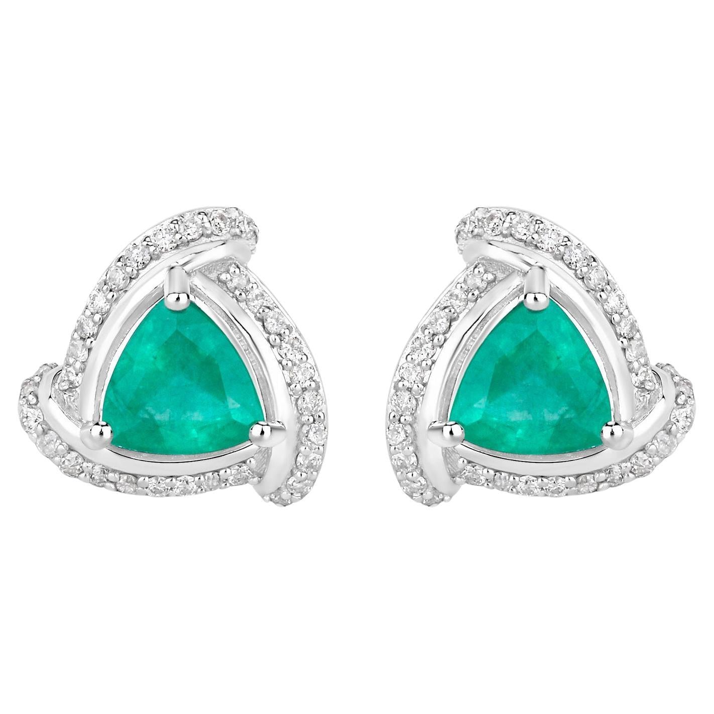 Natural Emerald Earrings With Diamonds 1.2 Carats 14K White Gold