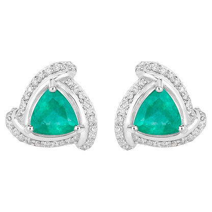Natural Emerald Earrings With Diamonds 1.2 Carats 14K White Gold