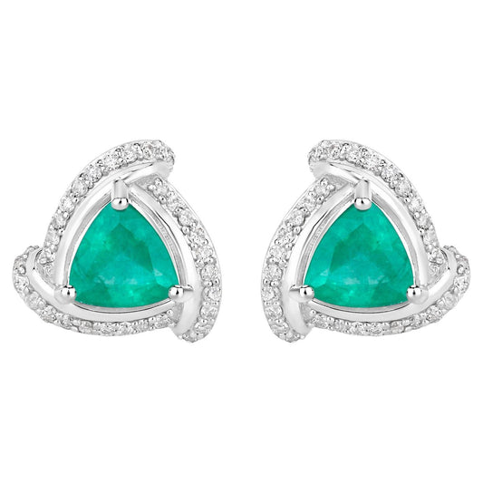 Natural Emerald Earrings With Diamonds 1.2 Carats 14K White Gold