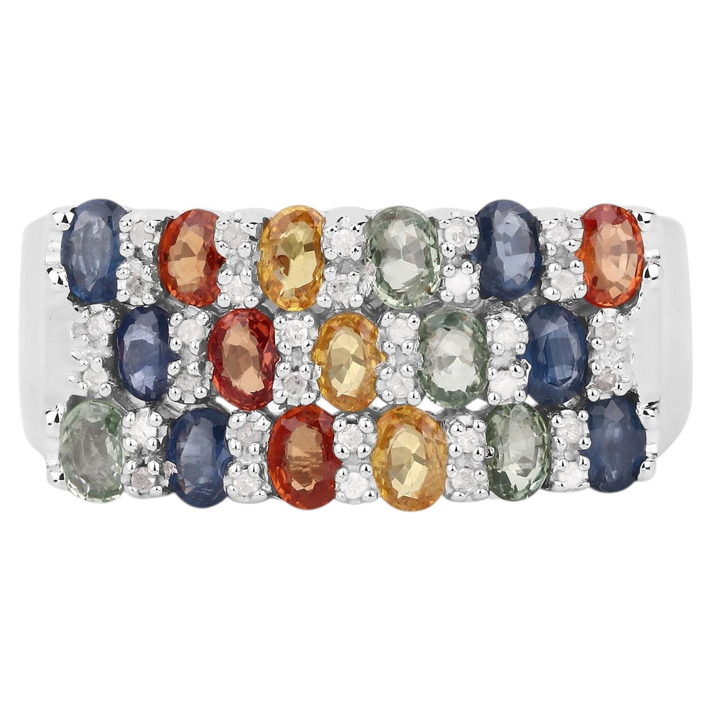 Multicolor Sapphire Ring With Diamonds 3.52 Carats Sterling Silver