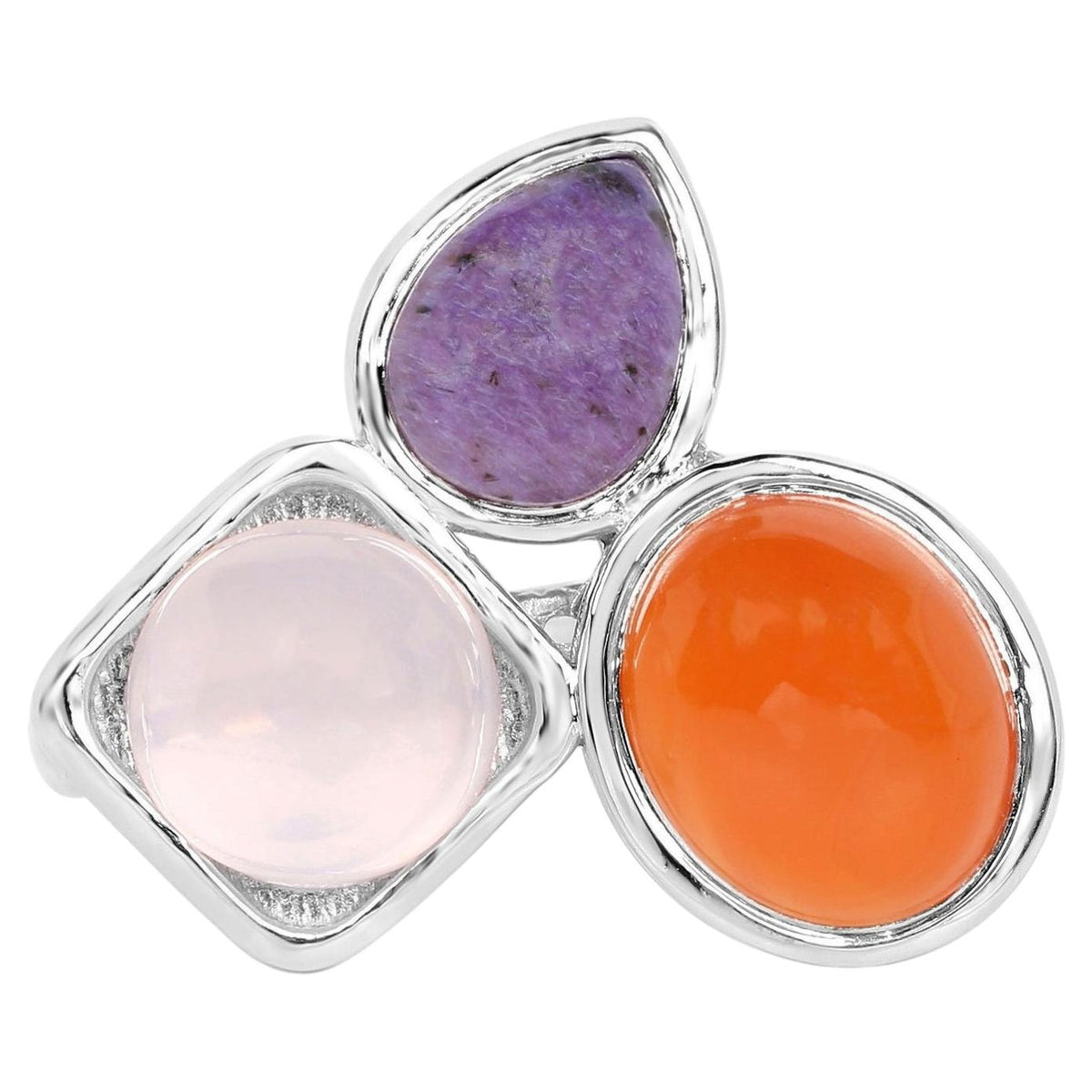 Carnelian Ring With Rose Quartz and Charoite 5.16 Carats Sterling Silver