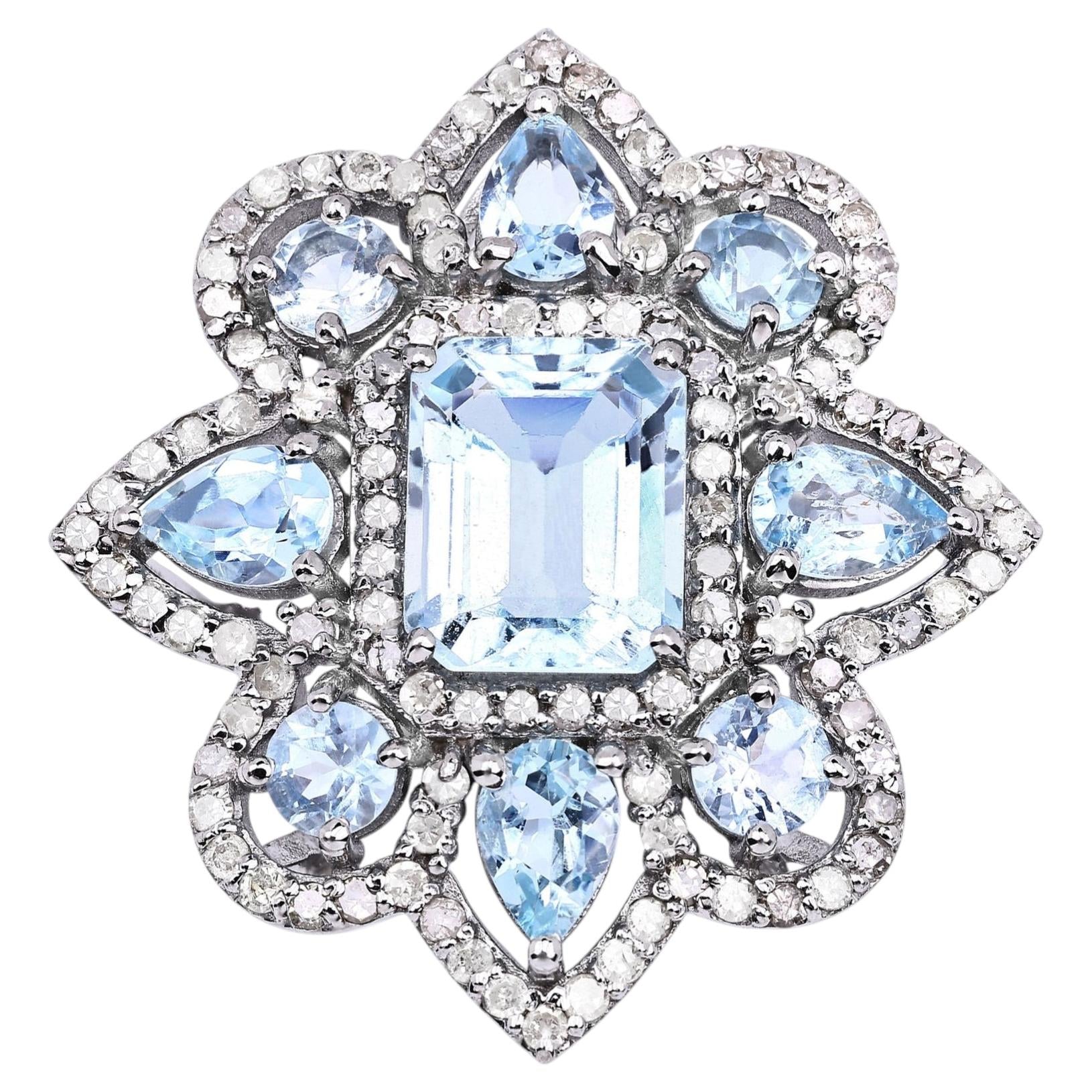 Blue Topaz Ring With Aquamarine 8.08 Carats Sterling Silver