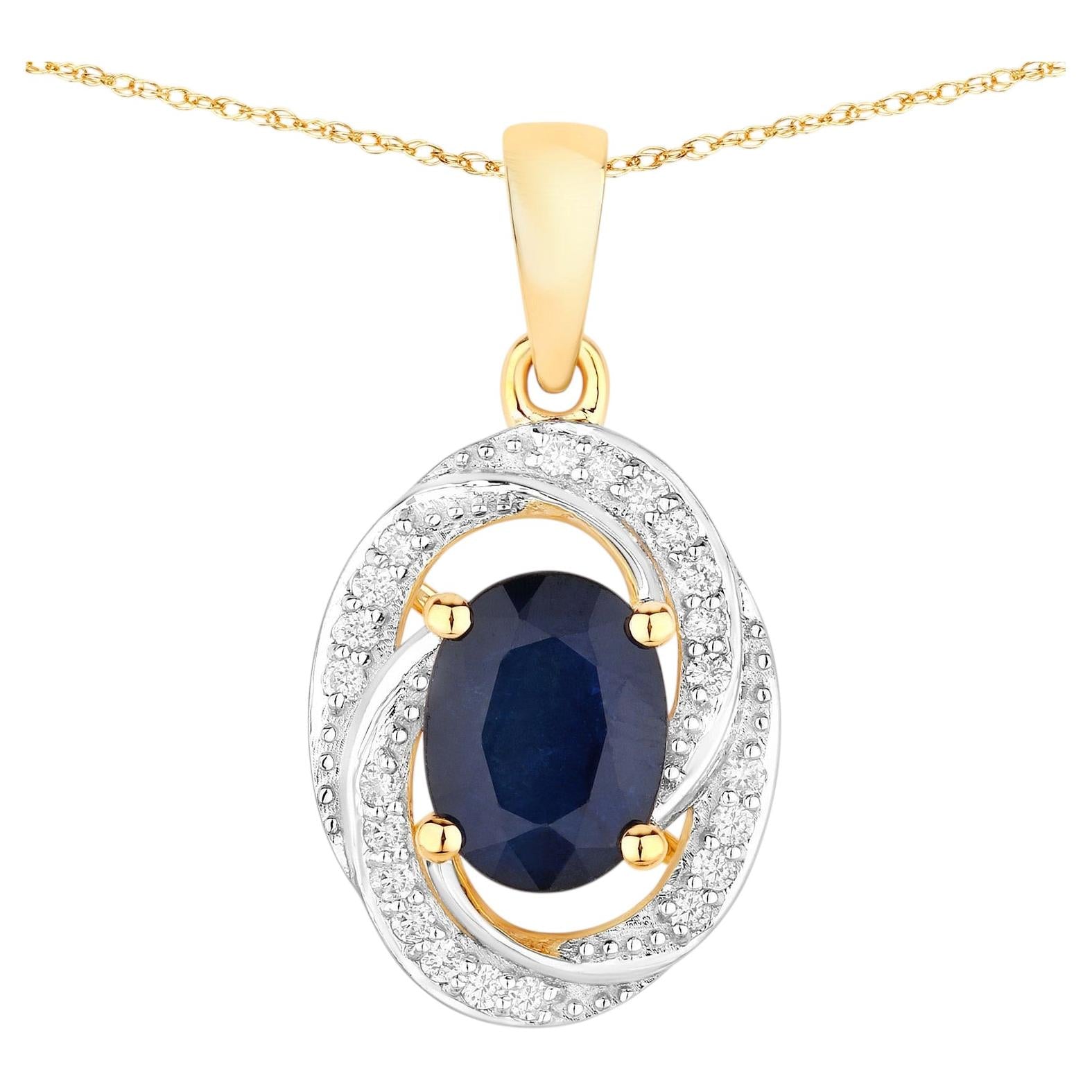 Blue Sapphire Pendant With Diamonds 1.68 Carats 14K Yellow Gold