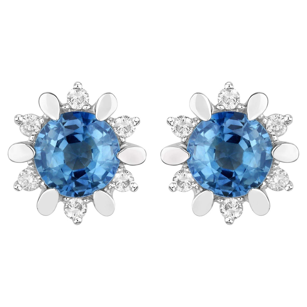 Natural Blue Sapphire and Diamond Stud Earrings Total 1.90 Carats 14K White Gold