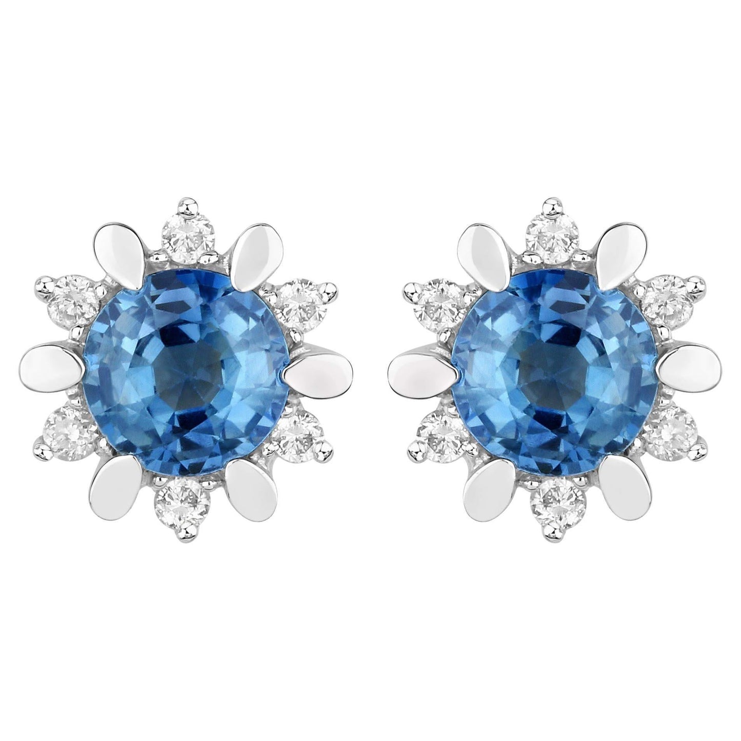 Natural Blue Sapphire and Diamond Stud Earrings Total 1.90 Carats 14K White Gold