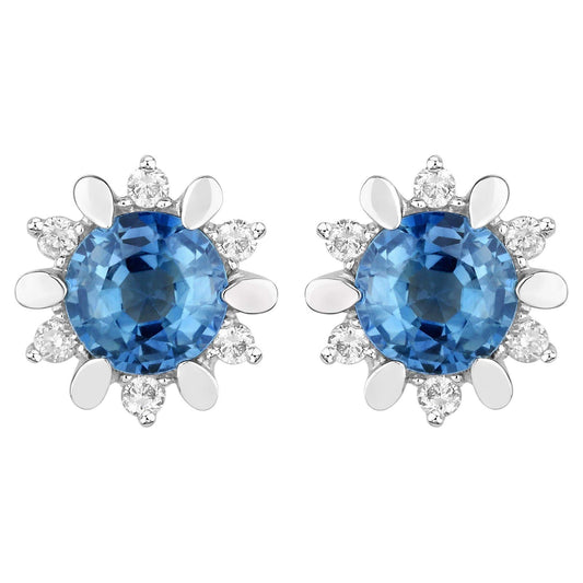 Natural Blue Sapphire and Diamond Stud Earrings Total 1.90 Carats 14K White Gold