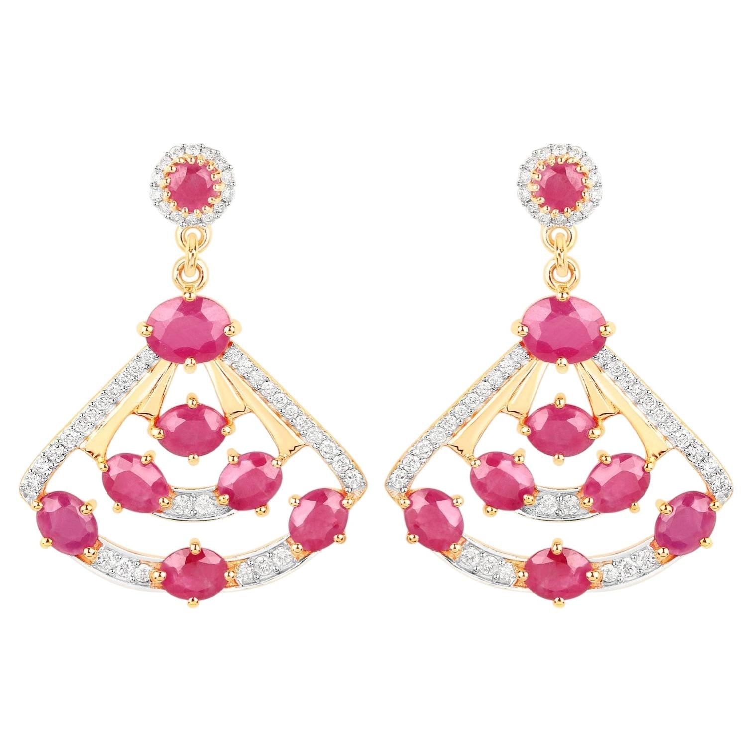 Natural Ruby Earrings With Diamonds 3.76 Carats 14K Yellow Gold