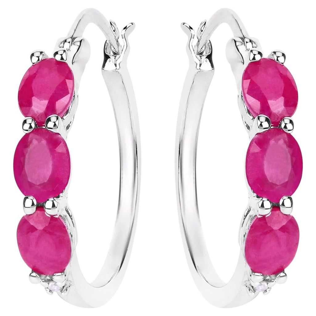 Natural Ruby Hoop Earrings With Diamonds 1.79 Carats Sterling Silver