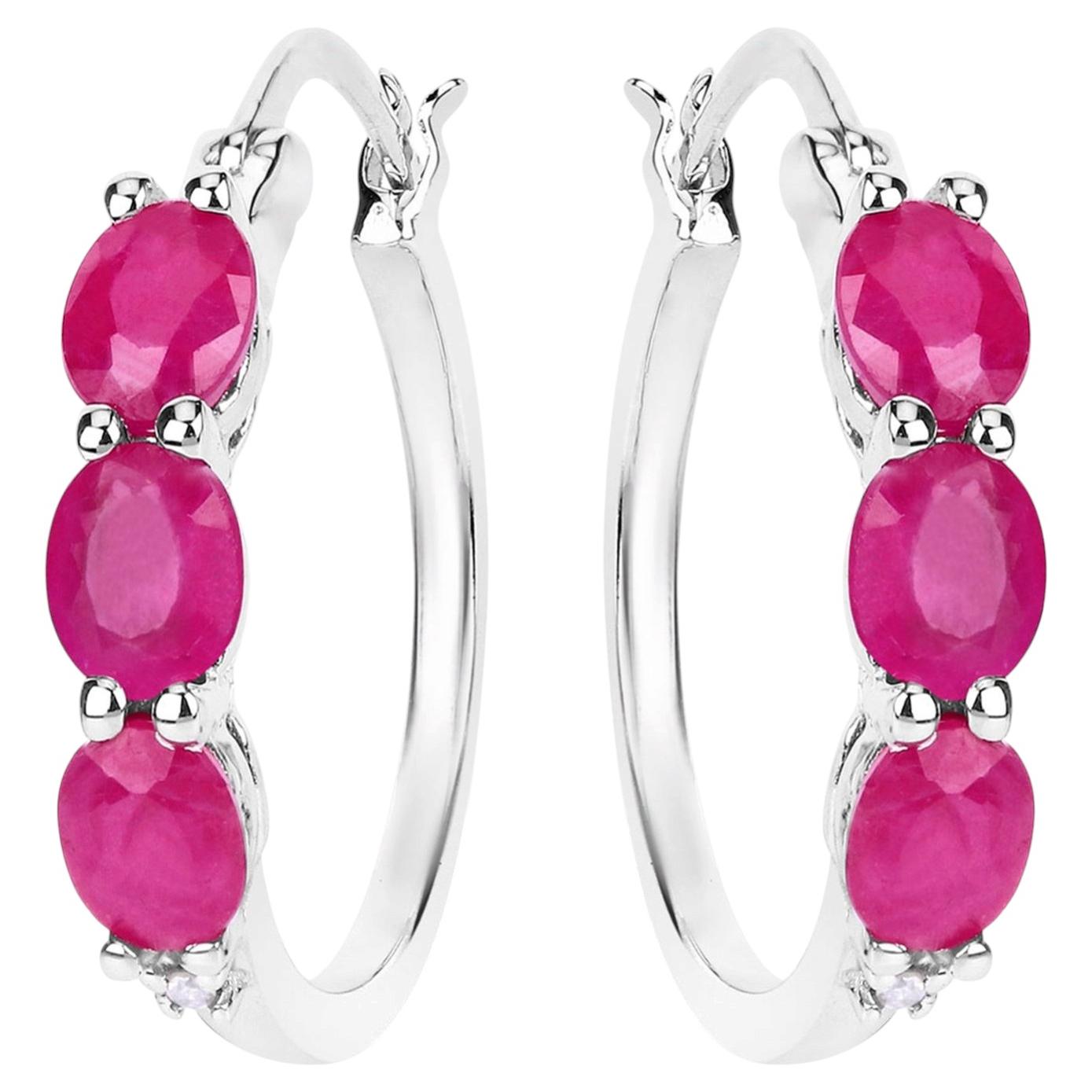 Natural Ruby Hoop Earrings With Diamonds 1.79 Carats Sterling Silver