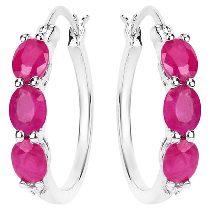 Natural Ruby Hoop Earrings With Diamonds 1.79 Carats Sterling Silver
