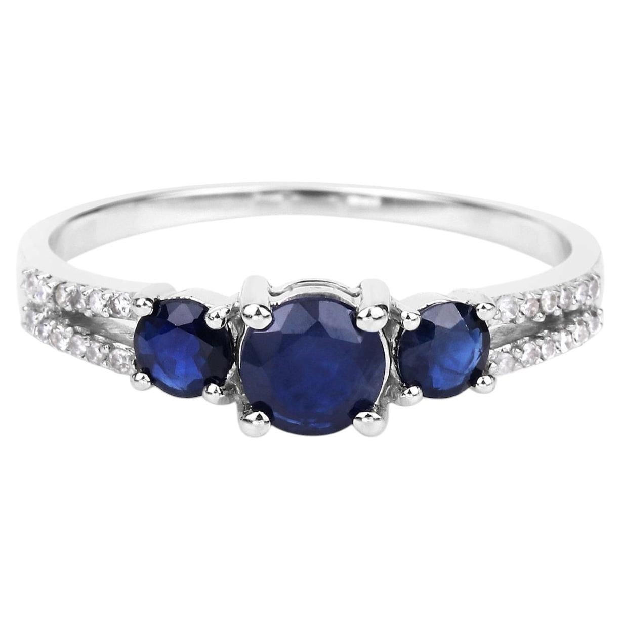 Blue Sapphire Ring With Diamonds 1.04 Carats 14K White Gold