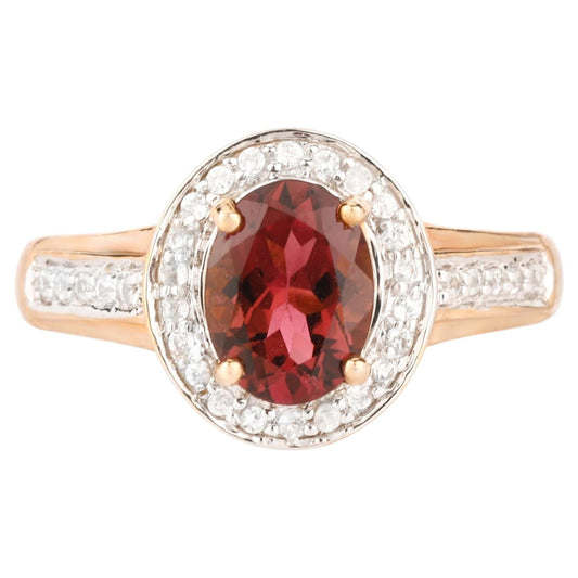 Natural Pink Tourmaline Ring With White Zircon 1.38 Carats 9K Yellow Gold