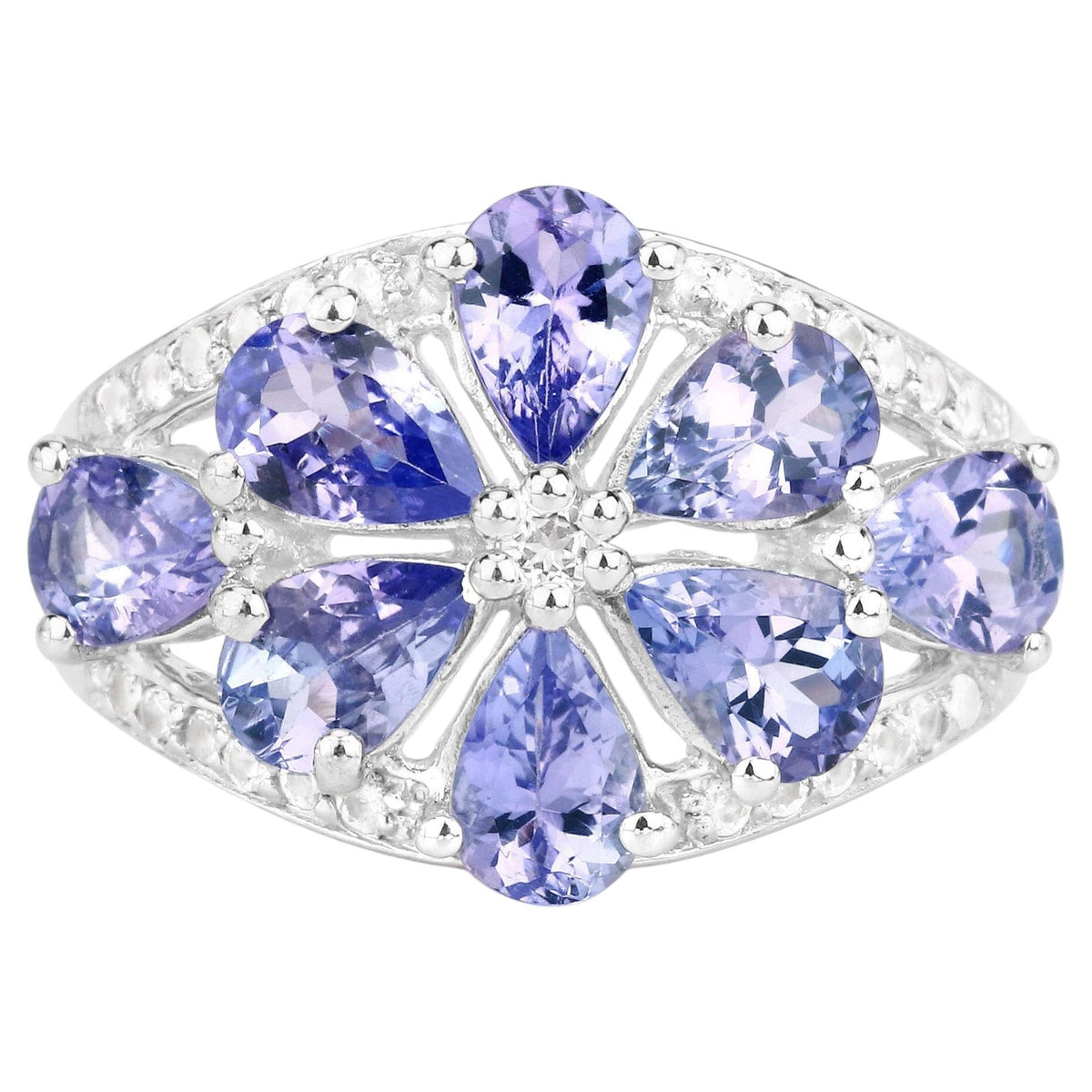 Tanzanite Flower Ring With White Topaz 3.18 Carats Sterling Silver