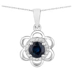 Blue Sapphire Flower Pendant With Diamonds 0.92 Carats 14K White Gold