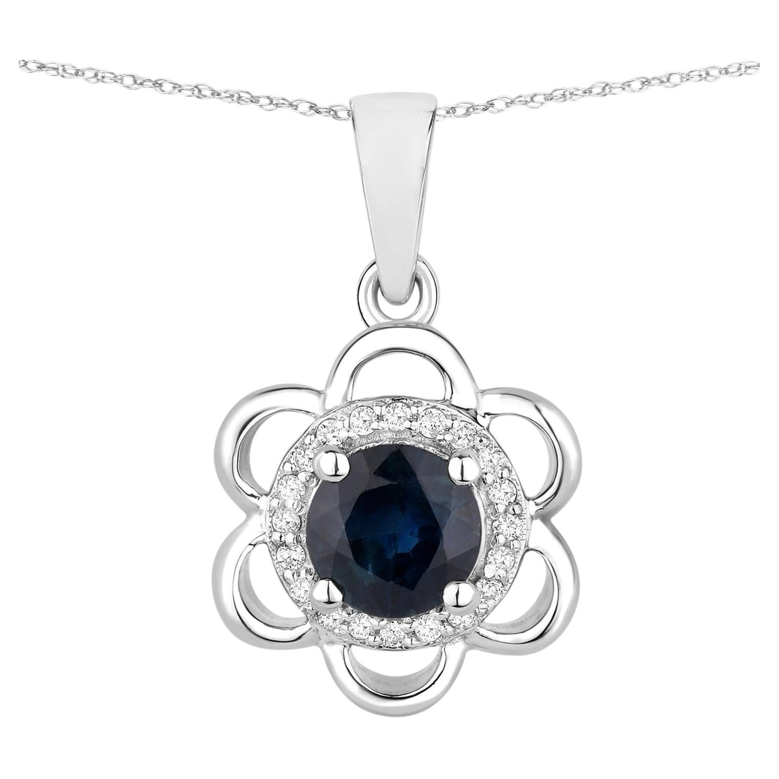 Blue Sapphire Flower Pendant With Diamonds 0.92 Carats 14K White Gold