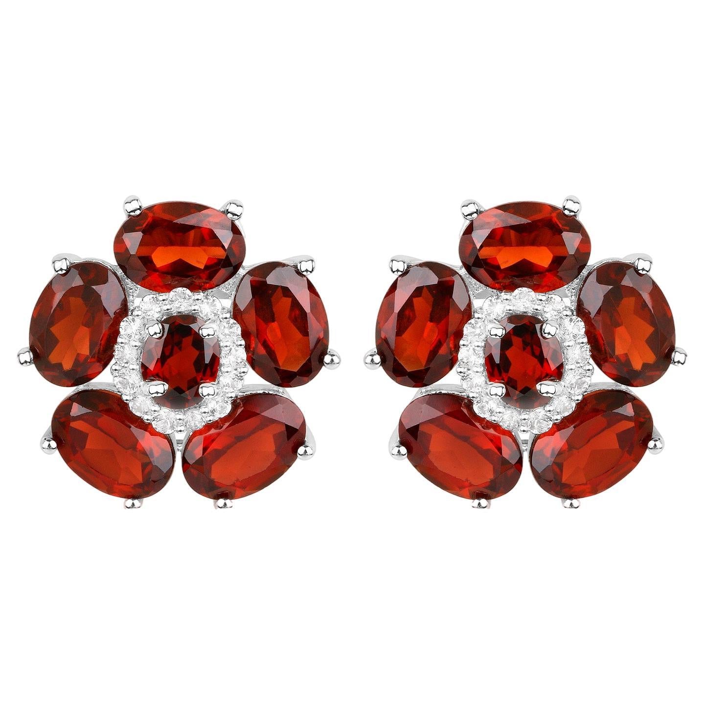 Natural Garnet and White Topaz Floral Earrings 9.6 Carats Total