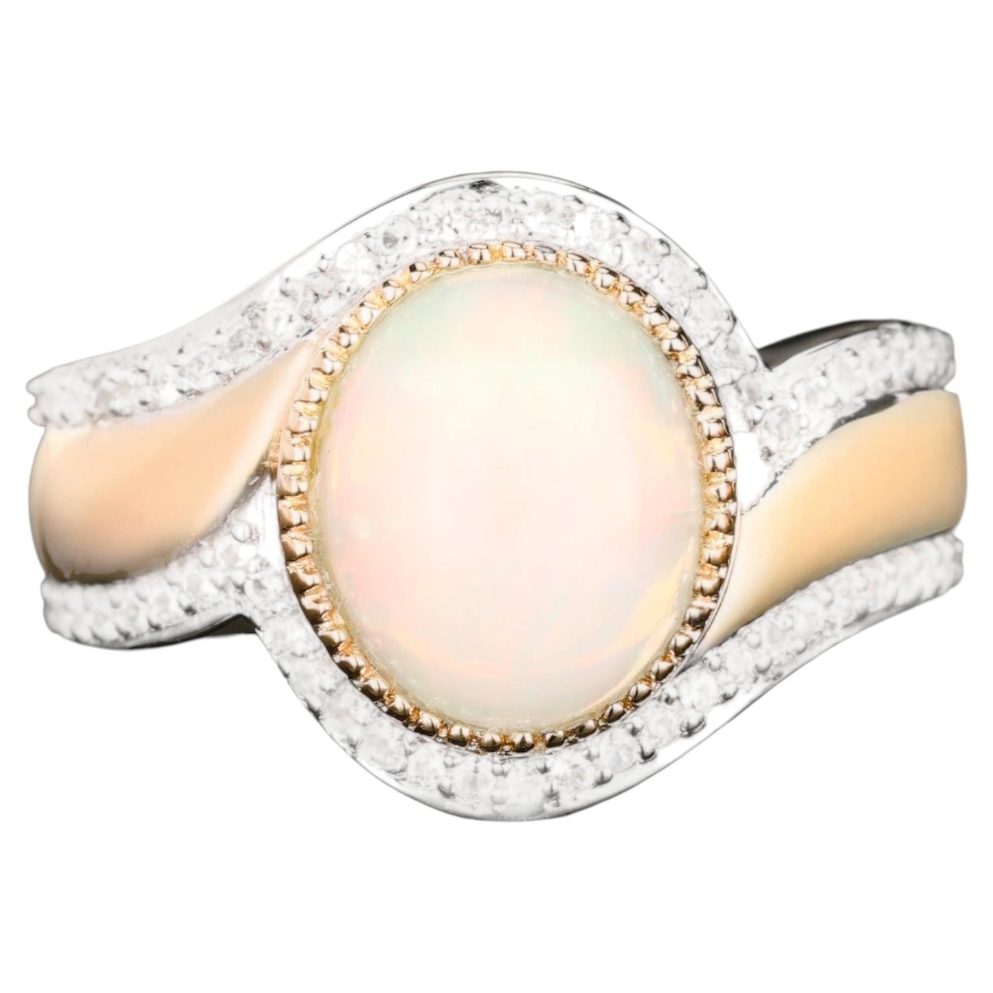 Natural Ethiopian Opal Ring With White Zircon 2.65 Carats Gold Plated Silver
