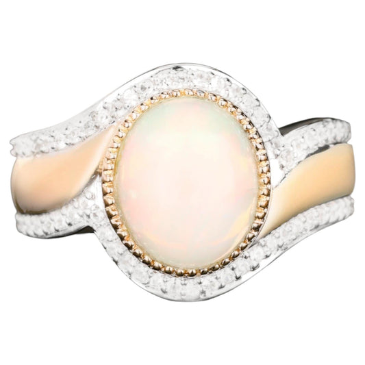 Natural Ethiopian Opal Ring With White Zircon 2.65 Carats Gold Plated Silver