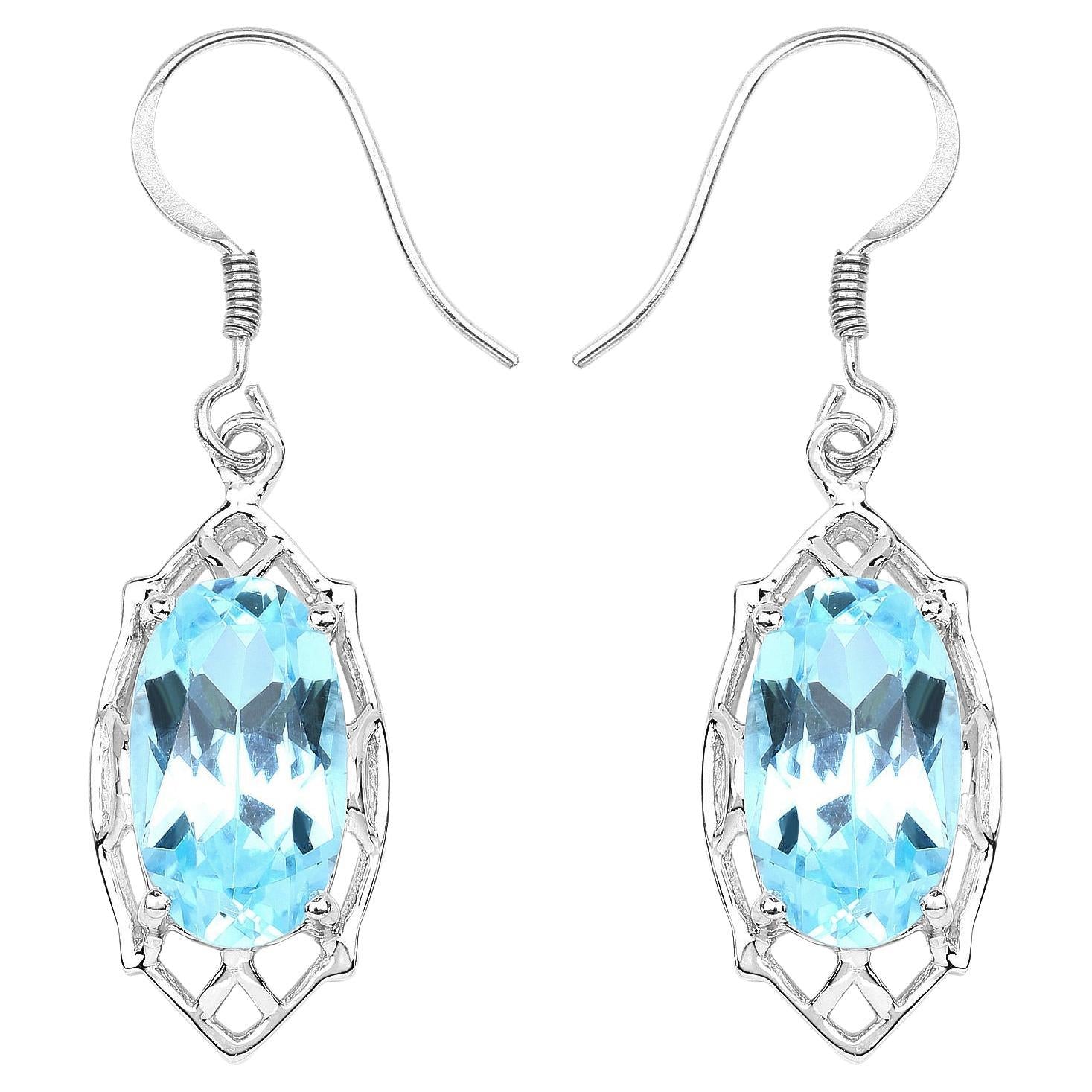 Blue Topaz Dangle Earrings 13.6 Carats Rhodium Plated Silver