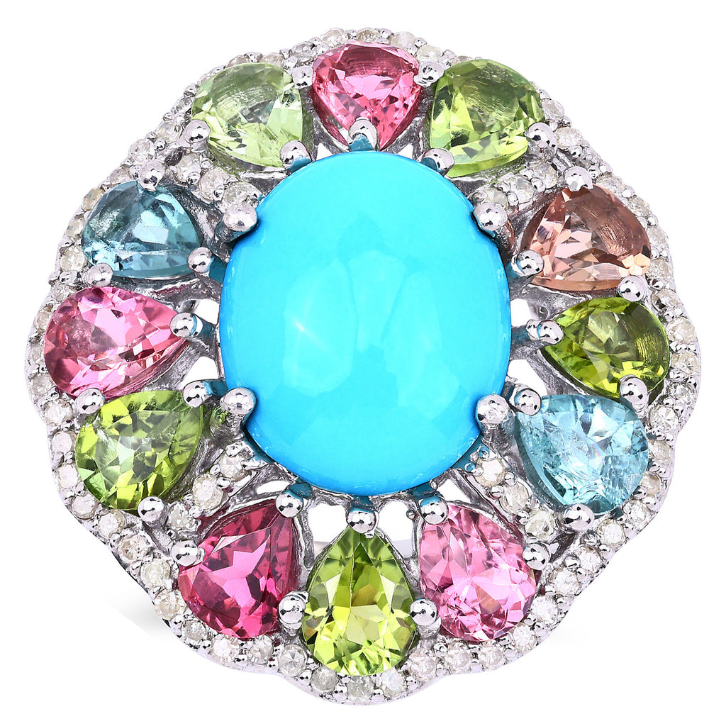 Turquoise Ring With Multicolor Tourmaline 6.56 Carats Sterling Silver
