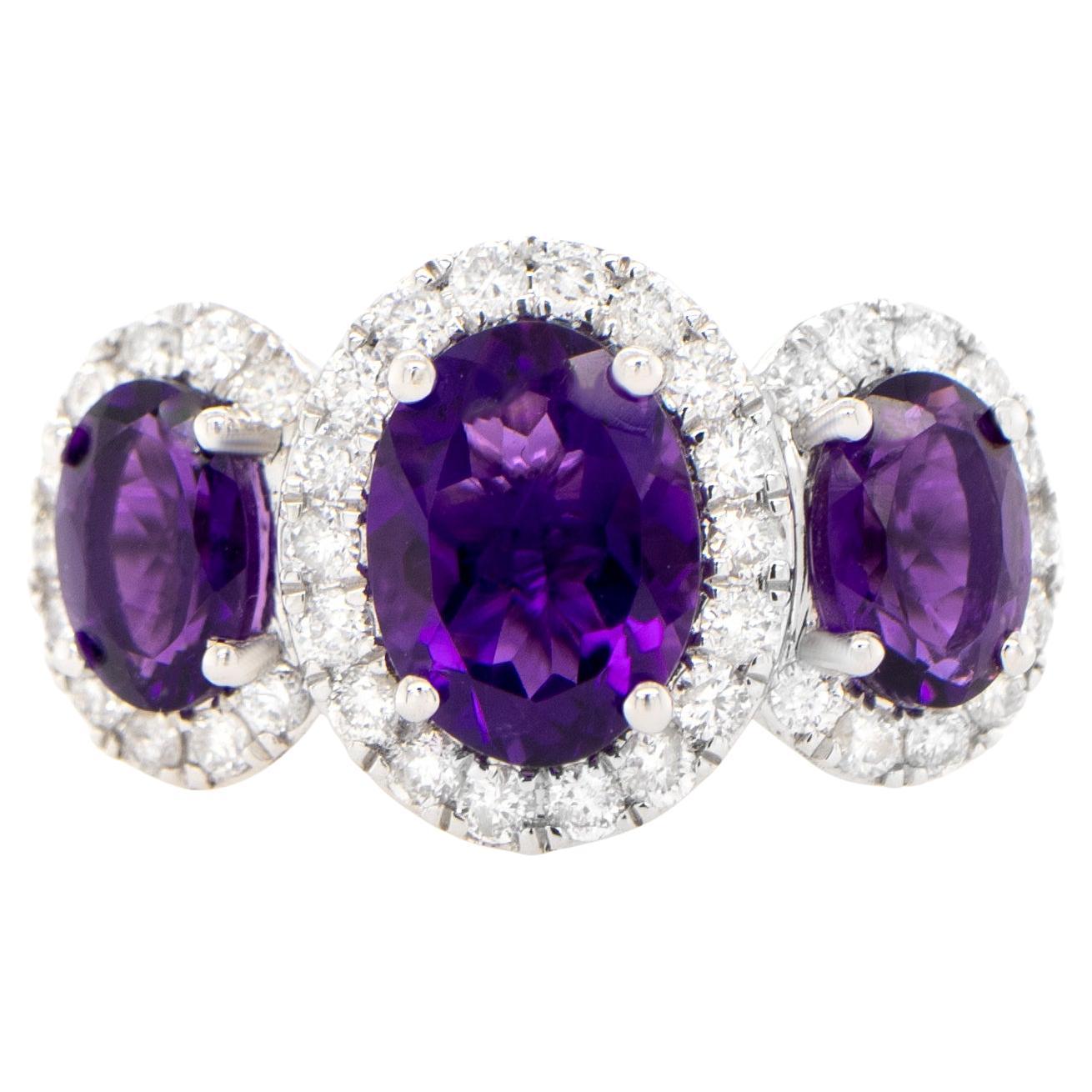 Amethyst Three Stone Ring Diamond Setting 2.48 Carats 18K Gold