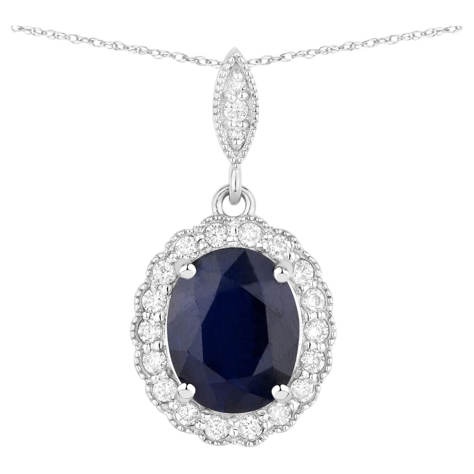 Blue Sapphire Pendant With Diamonds 3.35 Carats 14K White Gold