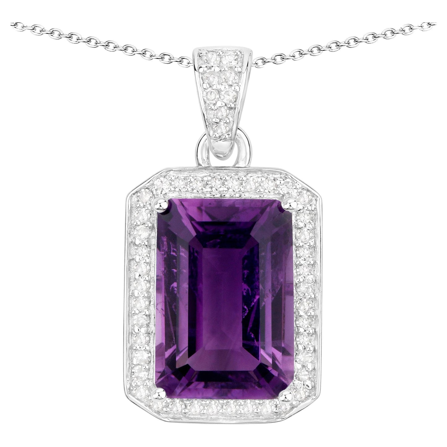 Amethyst Pendant Necklace Diamond Halo 5.34 Carats Sterling Silver