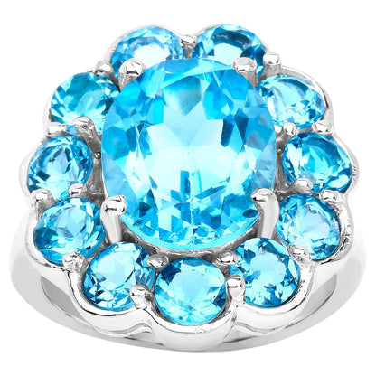 Swiss Blue Topaz Flower Cocktail Ring 8.8 Carats Sterling Silver