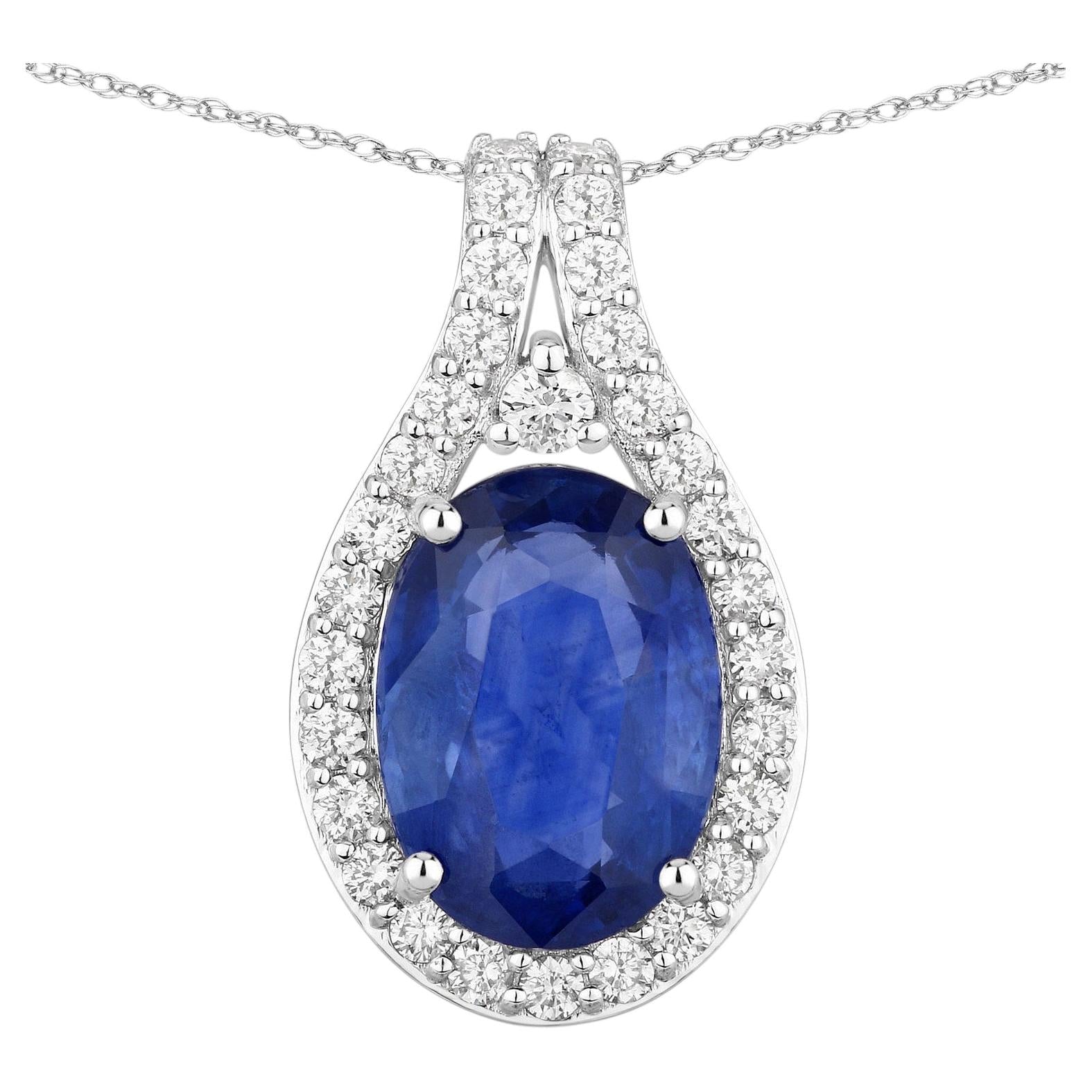 Blue Sapphire Pendant With Diamonds 3.8 Carats 18K White Gold