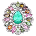 Emerald Ring With Multicolor Tourmaline 7.08 Carats Sterling Silver
